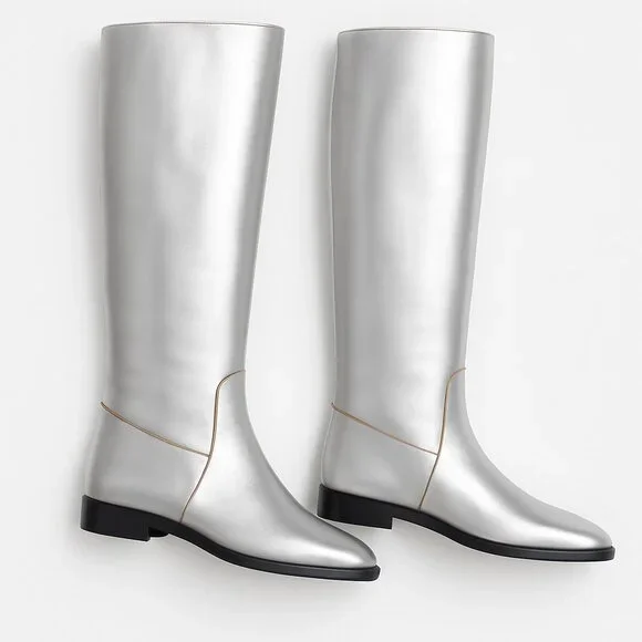 Khaite The Wooster Riding Boots Silver Metallic Leather NWOT - Picture 4 of 15